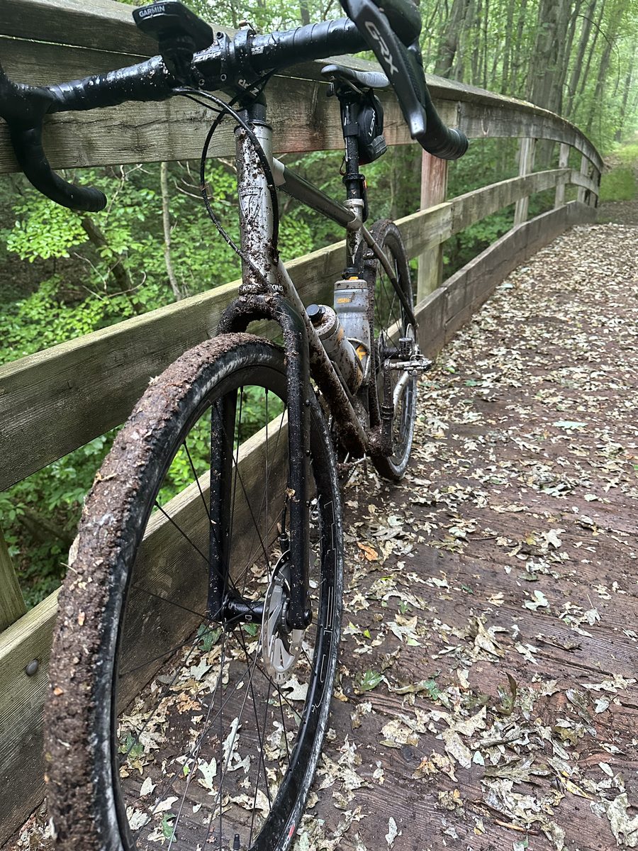 Muddy gravel bike after a wet ride